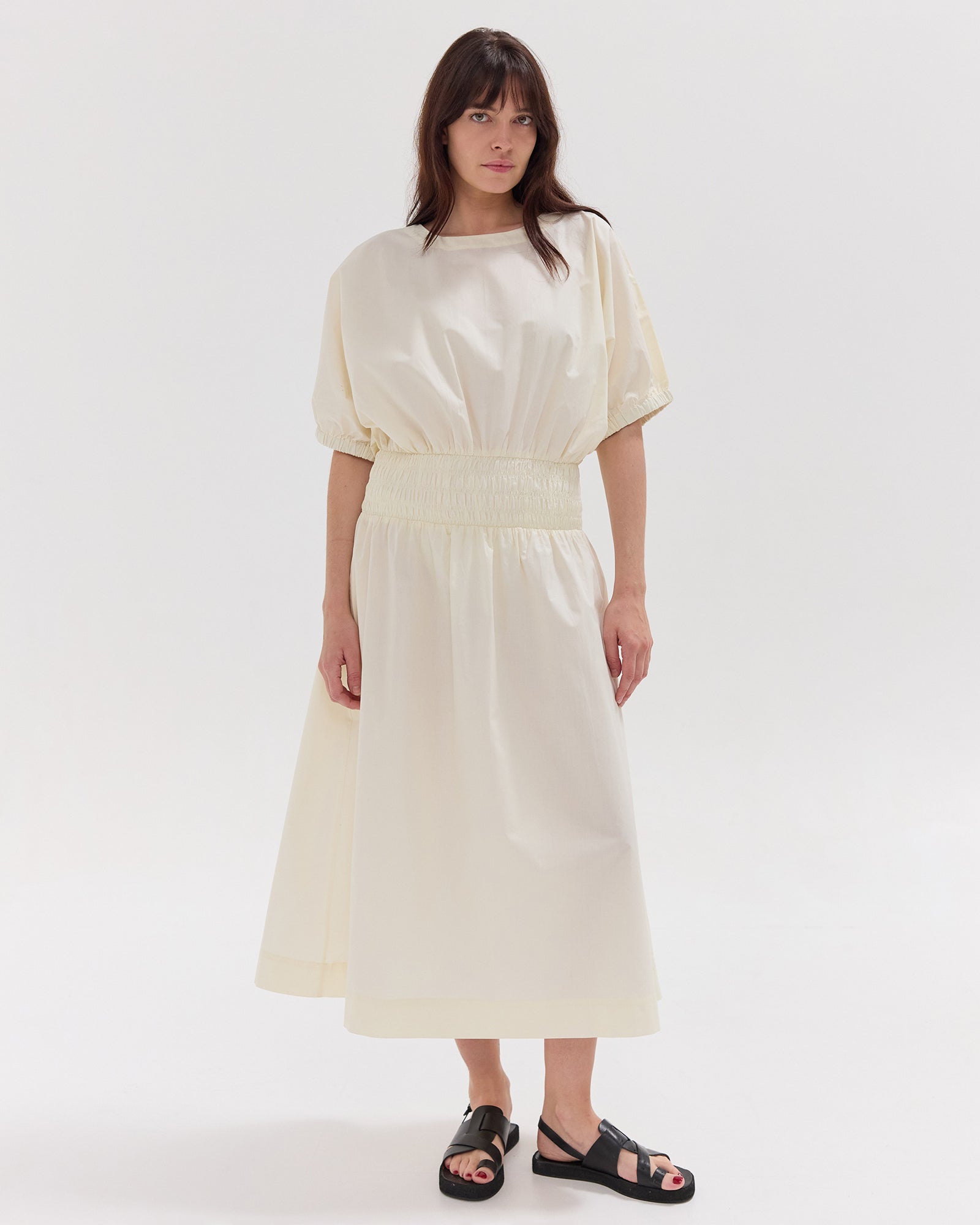 The Gathered Sleeve Shirred Midi Dress | Panna Cotta