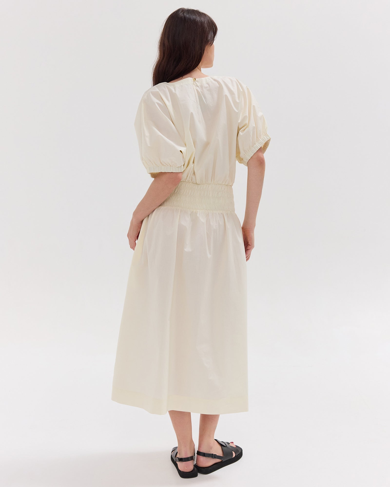 The Gathered Sleeve Shirred Midi Dress | Panna Cotta