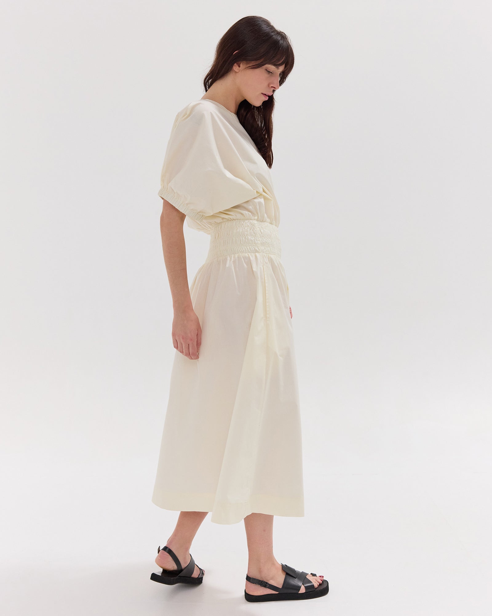 The Gathered Sleeve Shirred Midi Dress | Panna Cotta