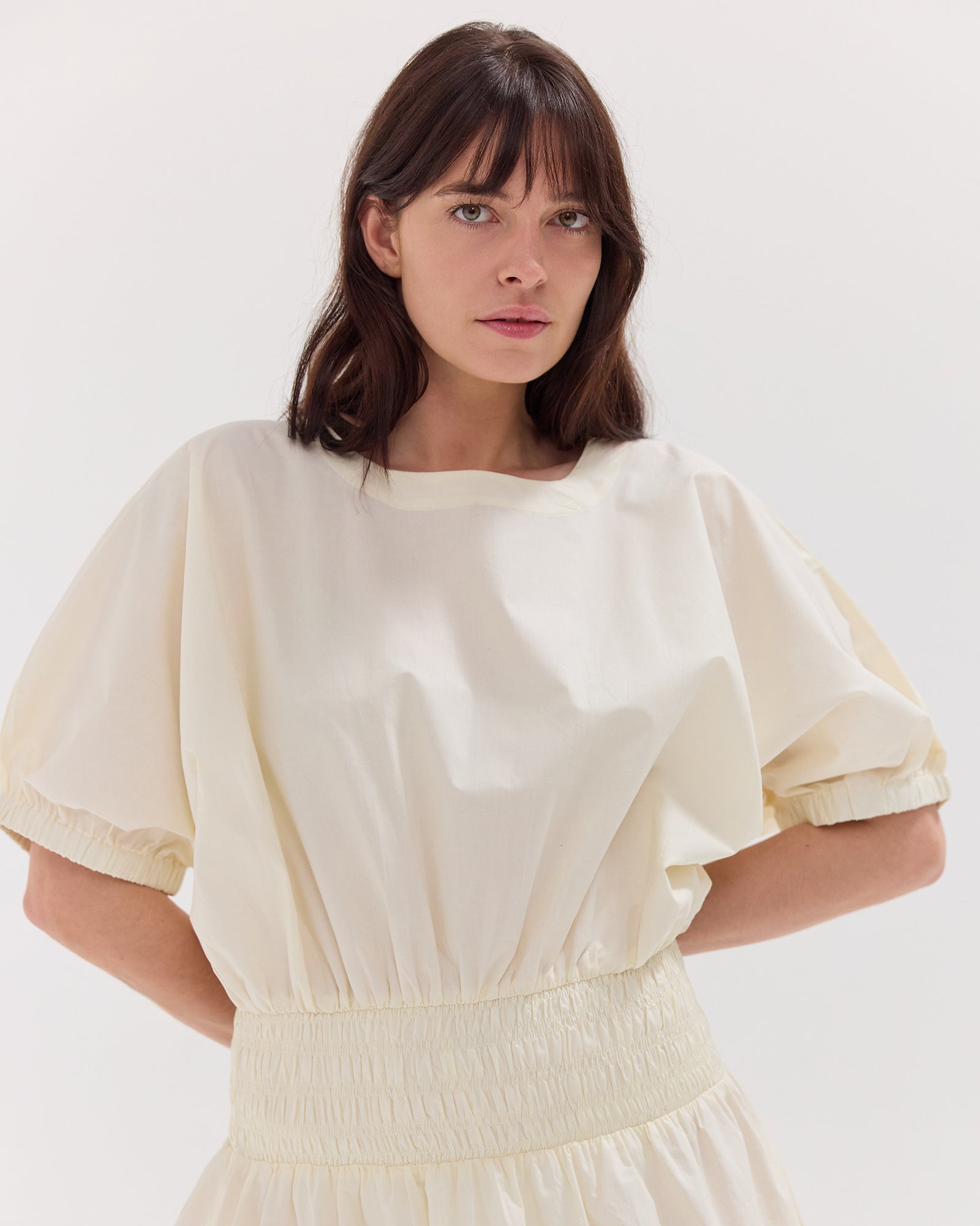 The Gathered Sleeve Shirred Midi Dress | Panna Cotta