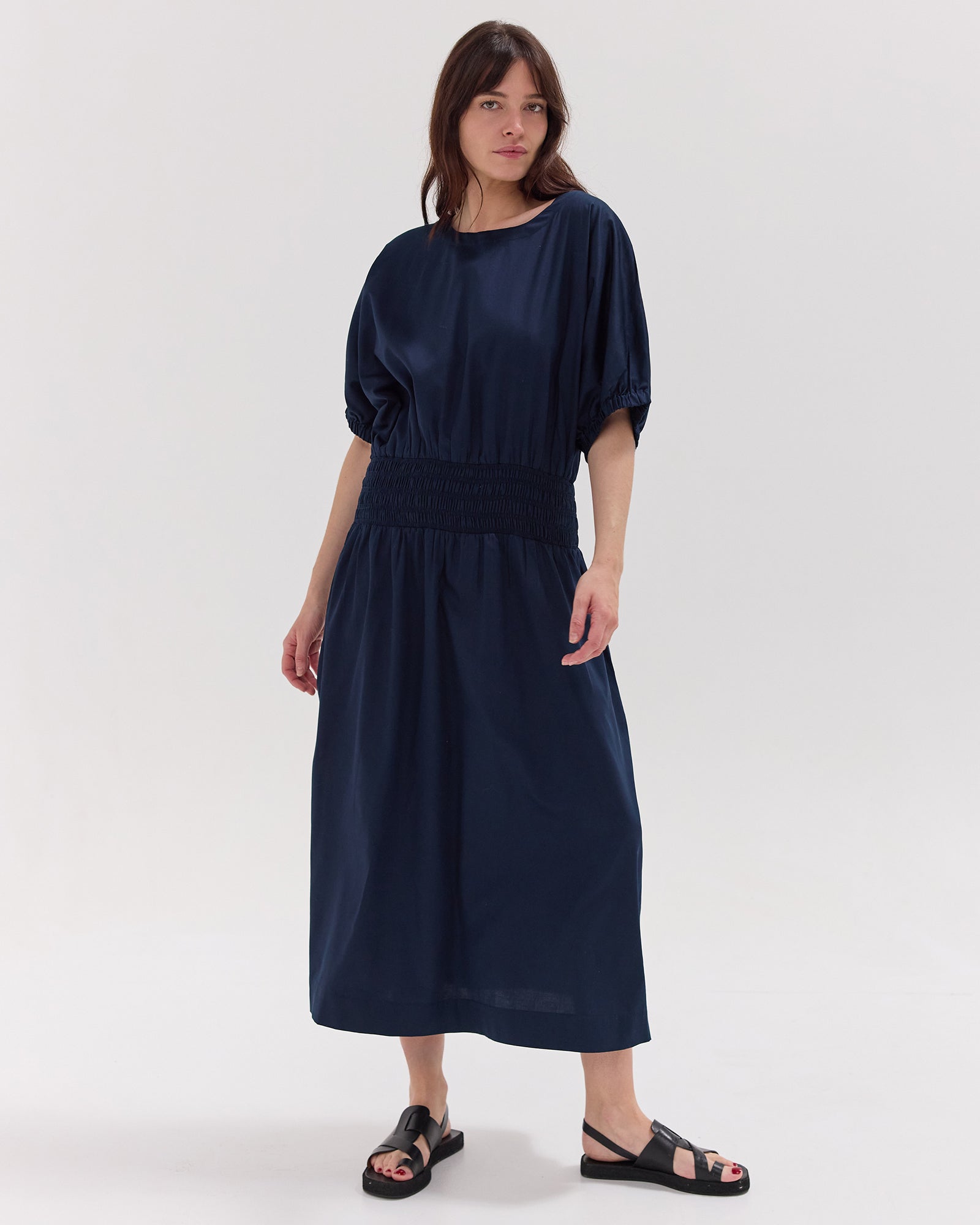 The Gathered Sleeve Shirred Midi Dress | Navy