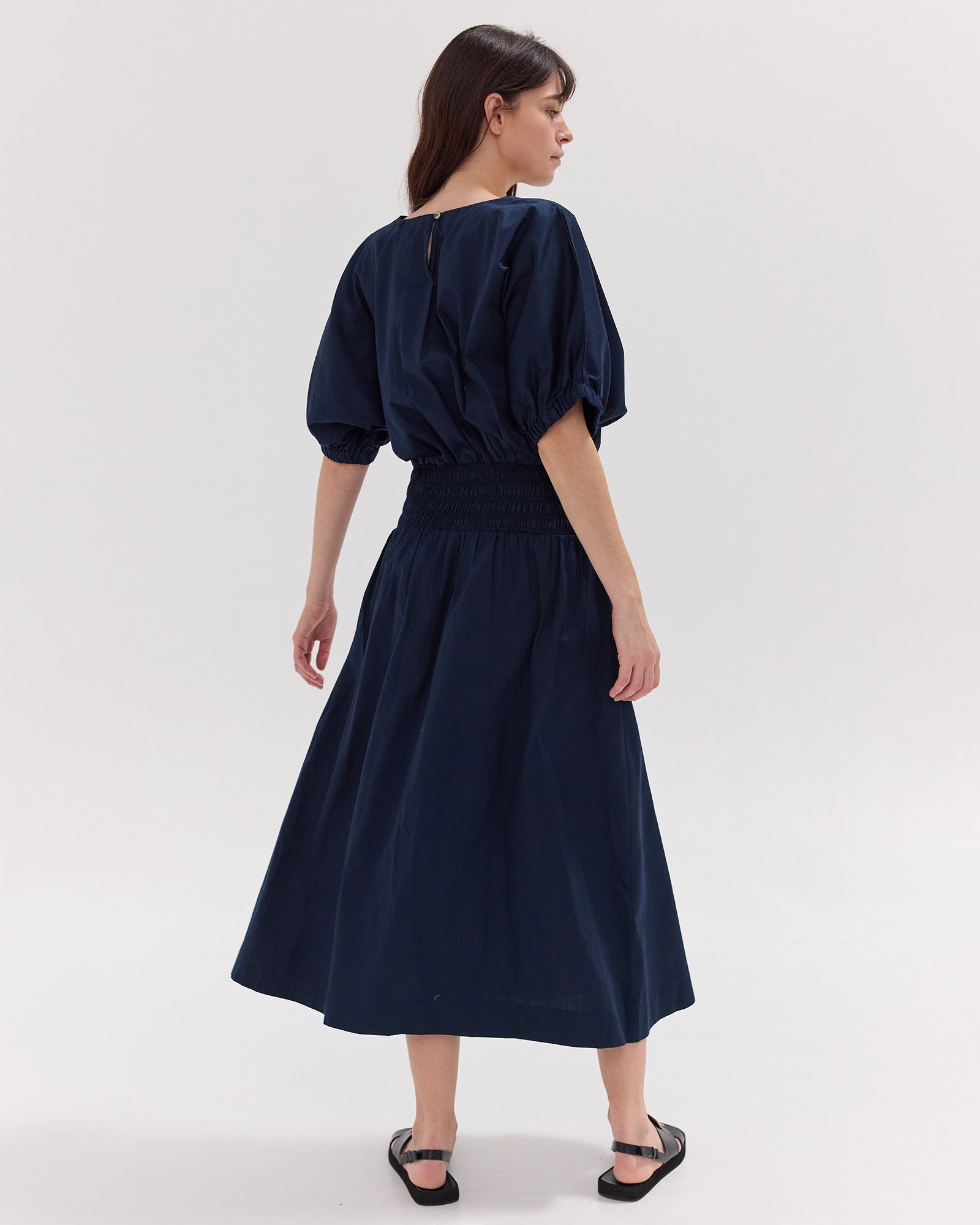 The Gathered Sleeve Shirred Midi Dress | Navy