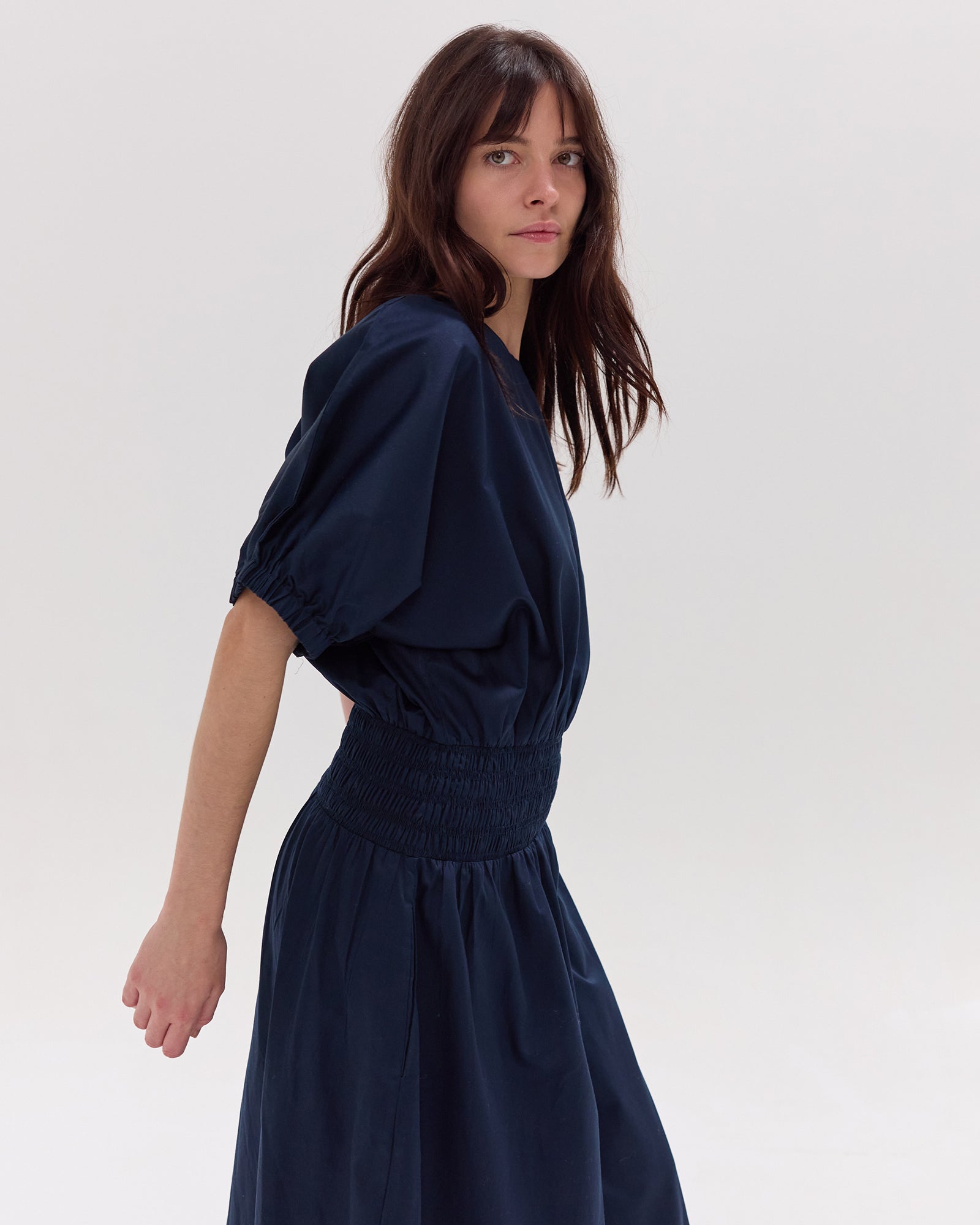 The Gathered Sleeve Shirred Midi Dress | Navy