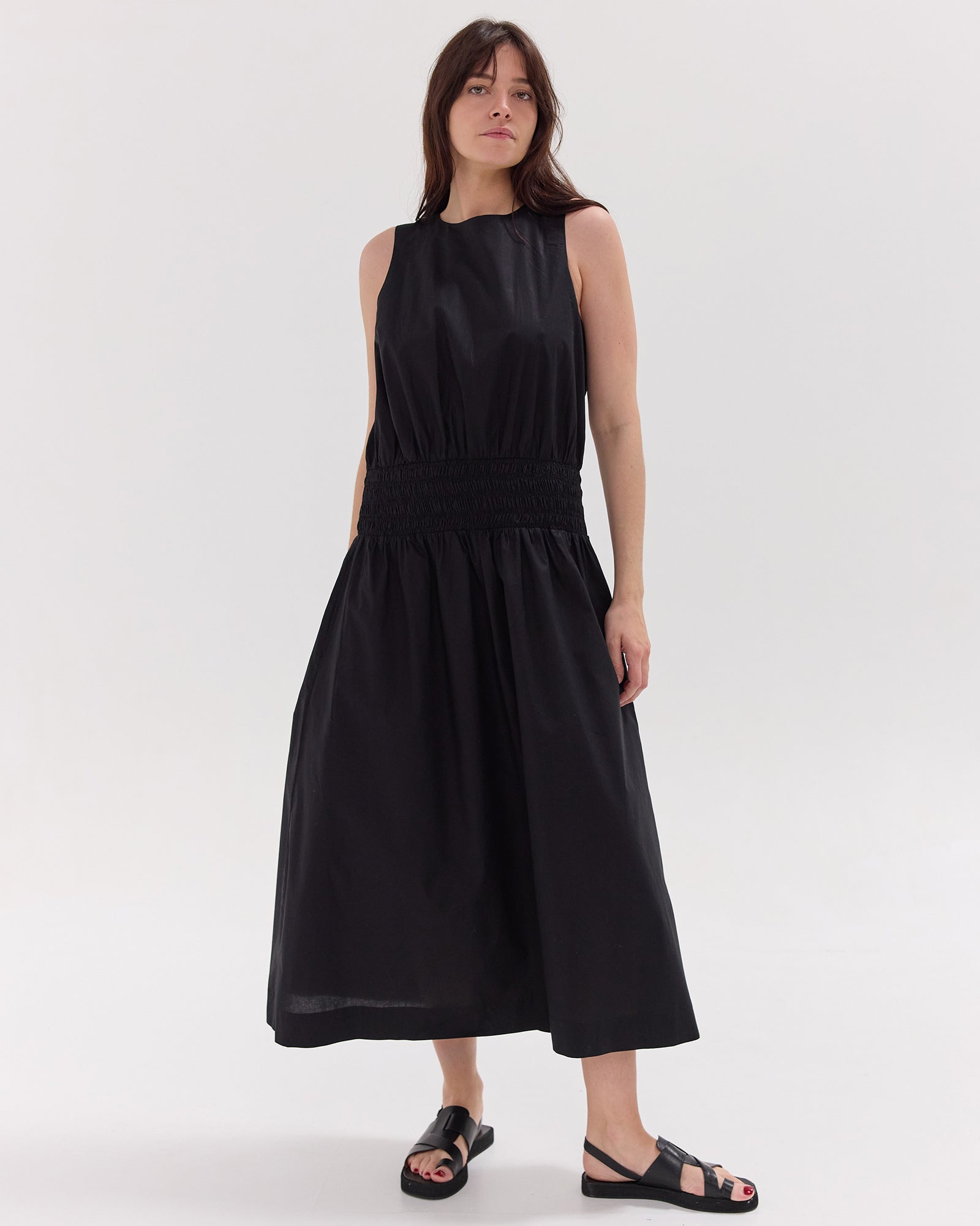 The Sleeveless Shirred Midi Dress | Black