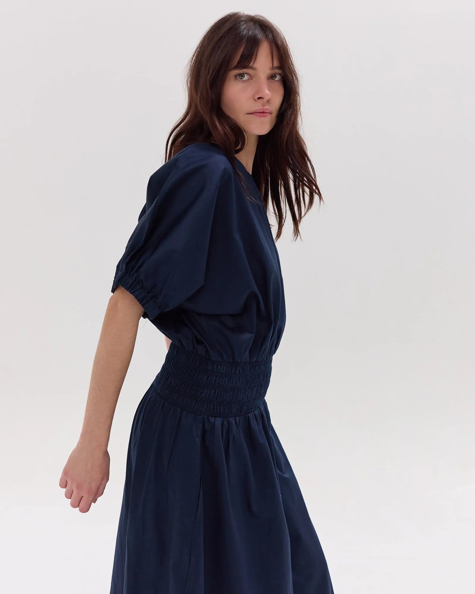 The Gathered Sleeve Shirred Midi Dress | Navy by Cloth & Co.