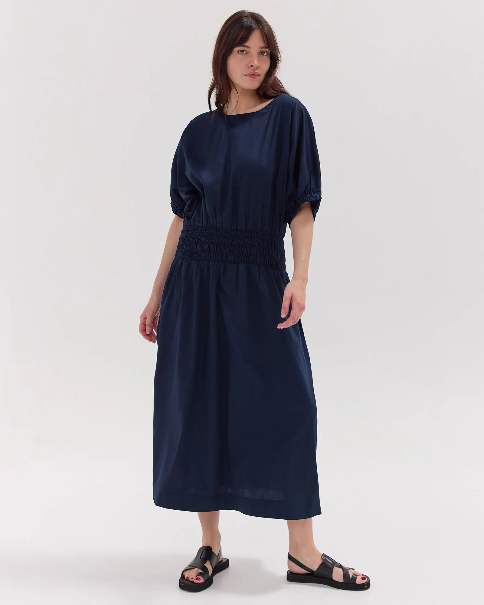 The Gathered Sleeve Shirred Midi Dress | Navy by Cloth & Co.