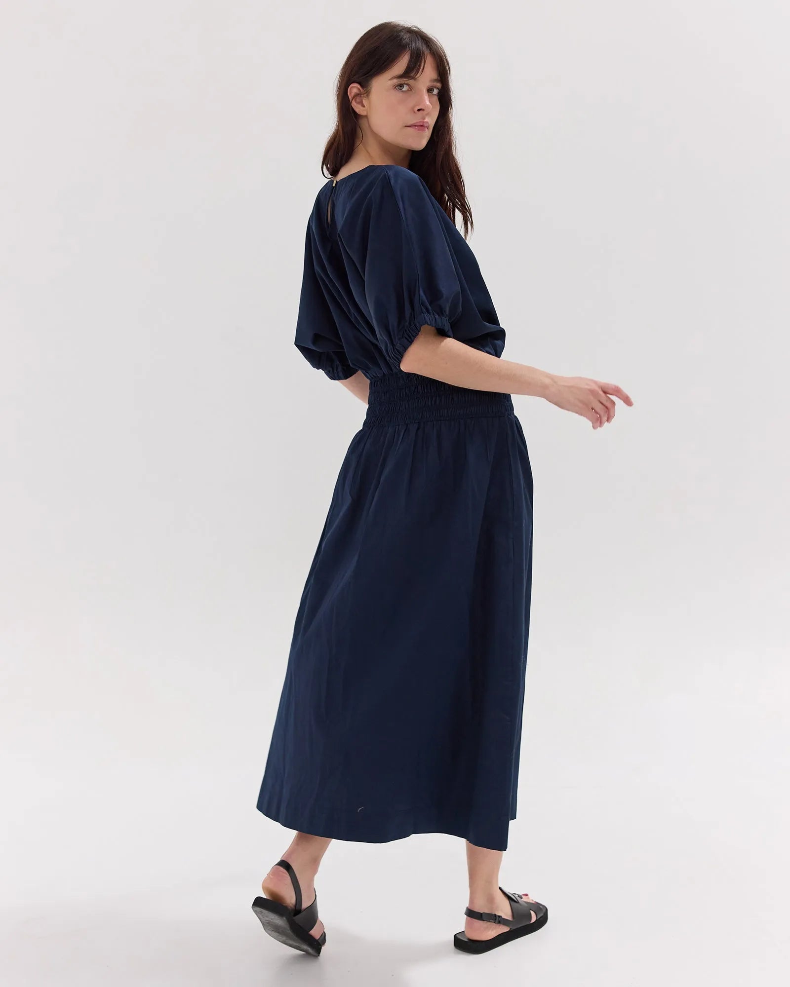 The Gathered Sleeve Shirred Midi Dress | Navy by Cloth & Co.