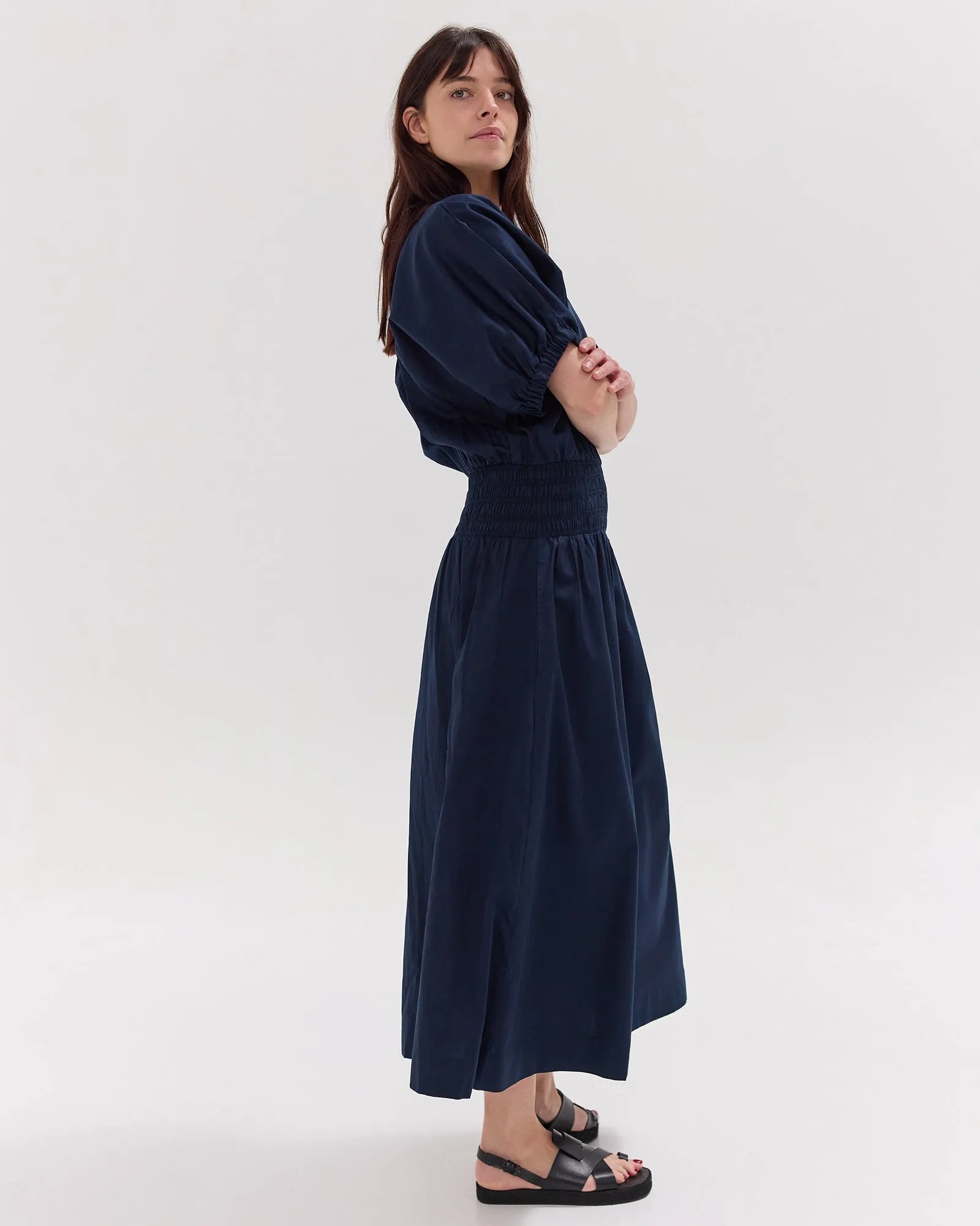The Gathered Sleeve Shirred Midi Dress | Navy by Cloth & Co.
