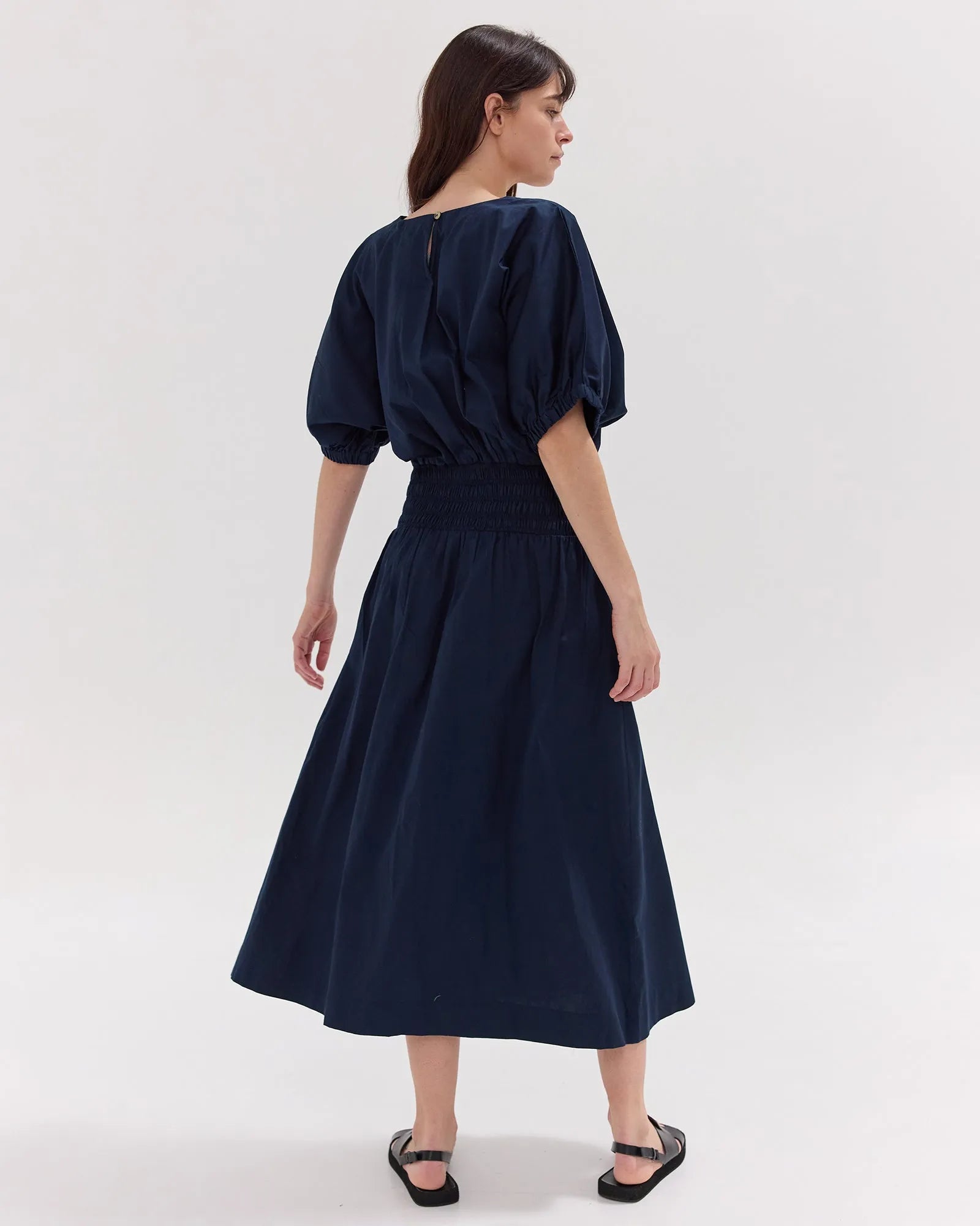 The Gathered Sleeve Shirred Midi Dress | Navy by Cloth & Co.