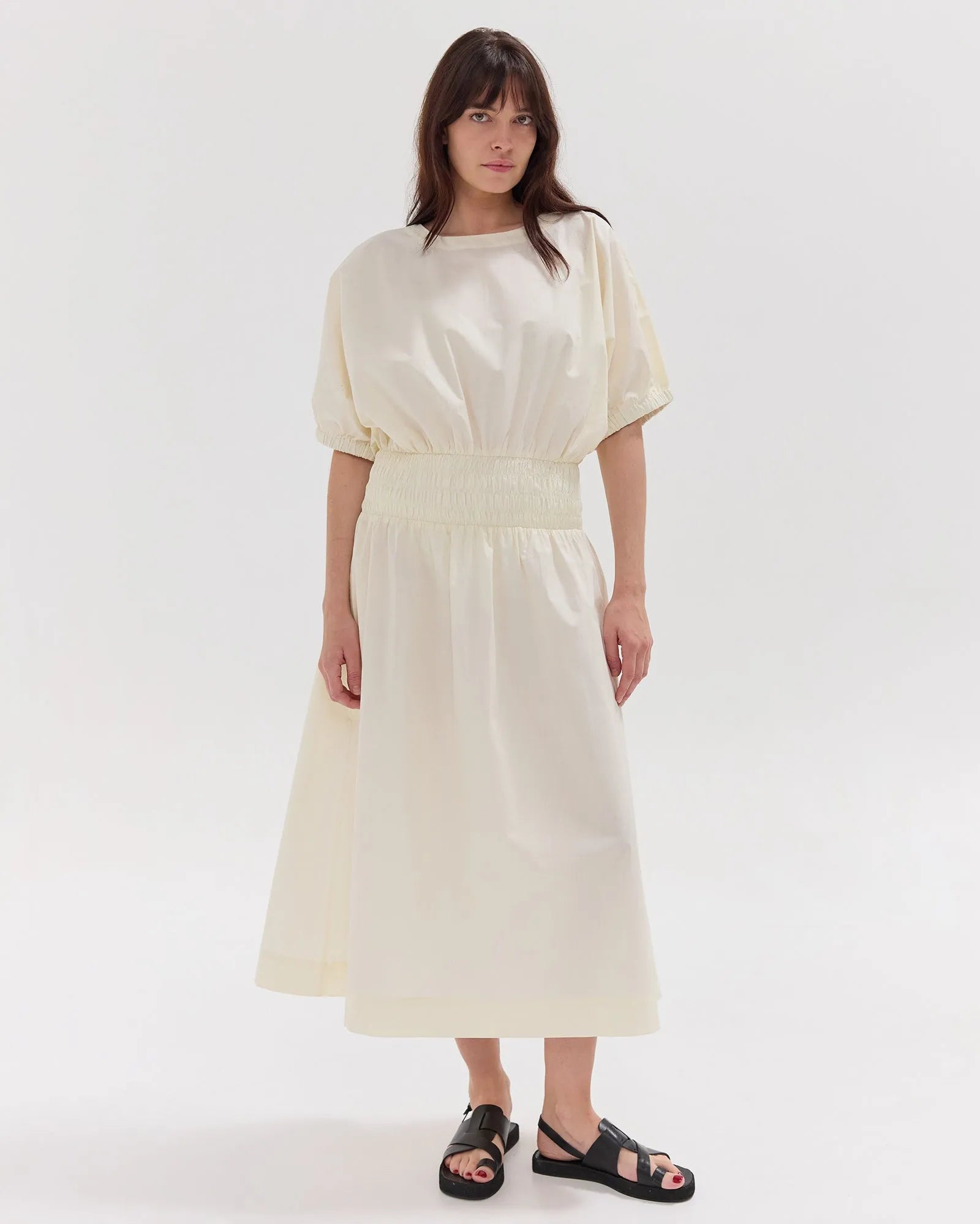 white shirred midi dress The Gathered Sleeve Shirred Midi Dress