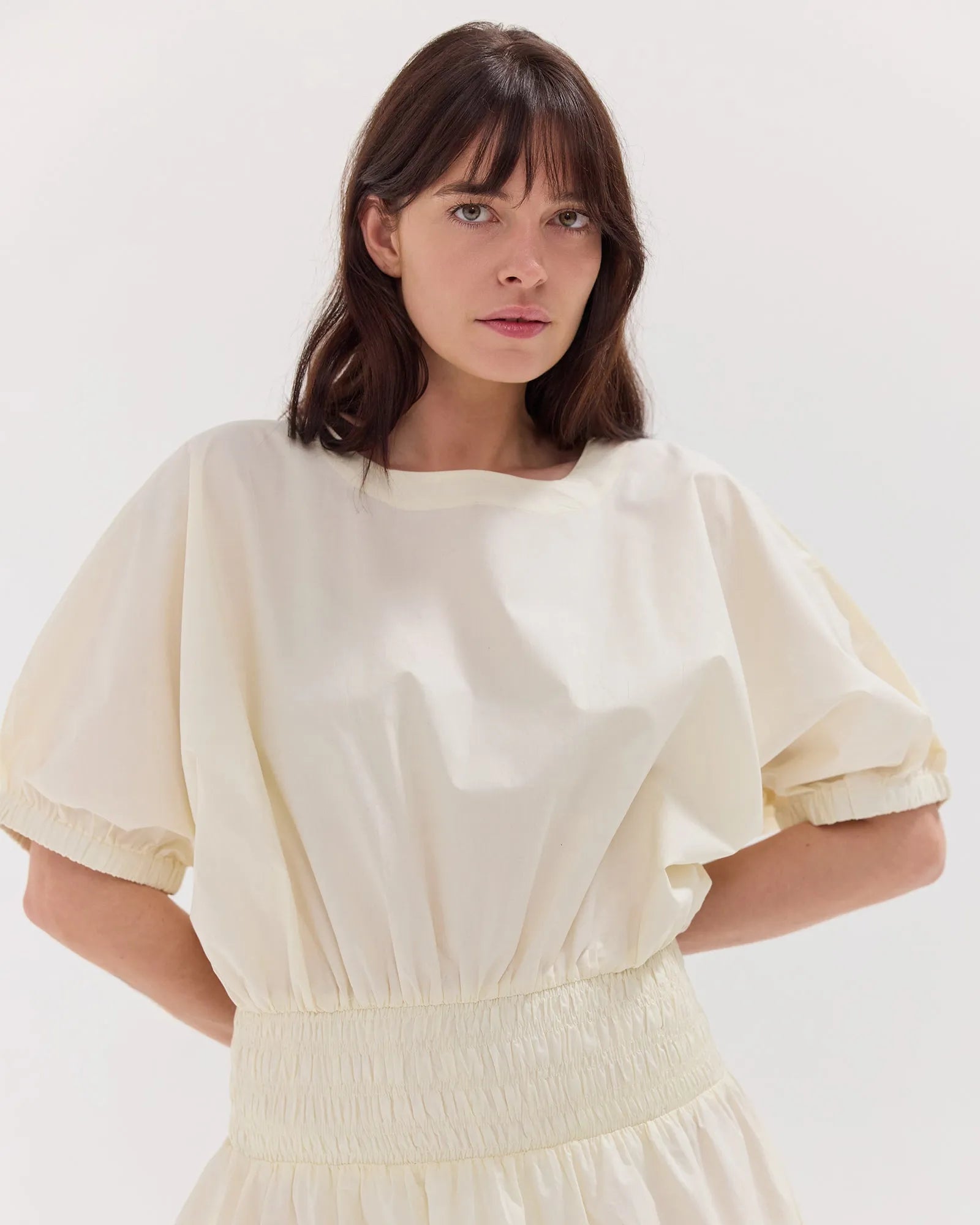 The Gathered Sleeve Shirred Midi Dress | Panna Cotta by Cloth & Co.