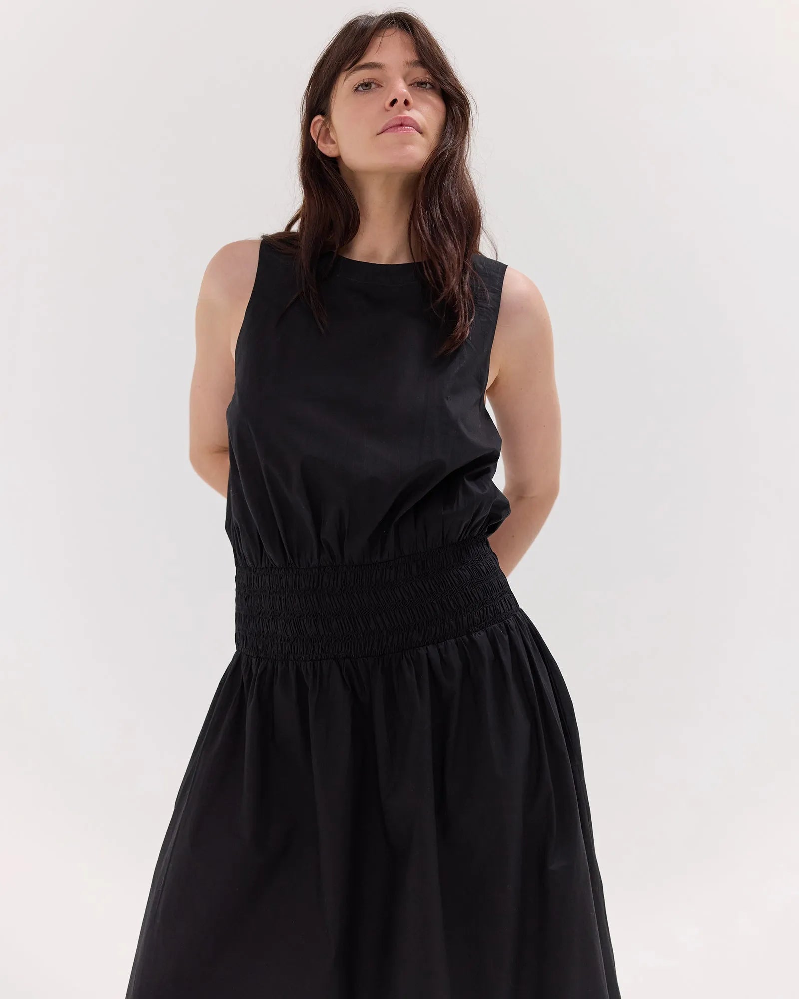 The Sleeveless Shirred Midi Dress | Black by Cloth & Co.