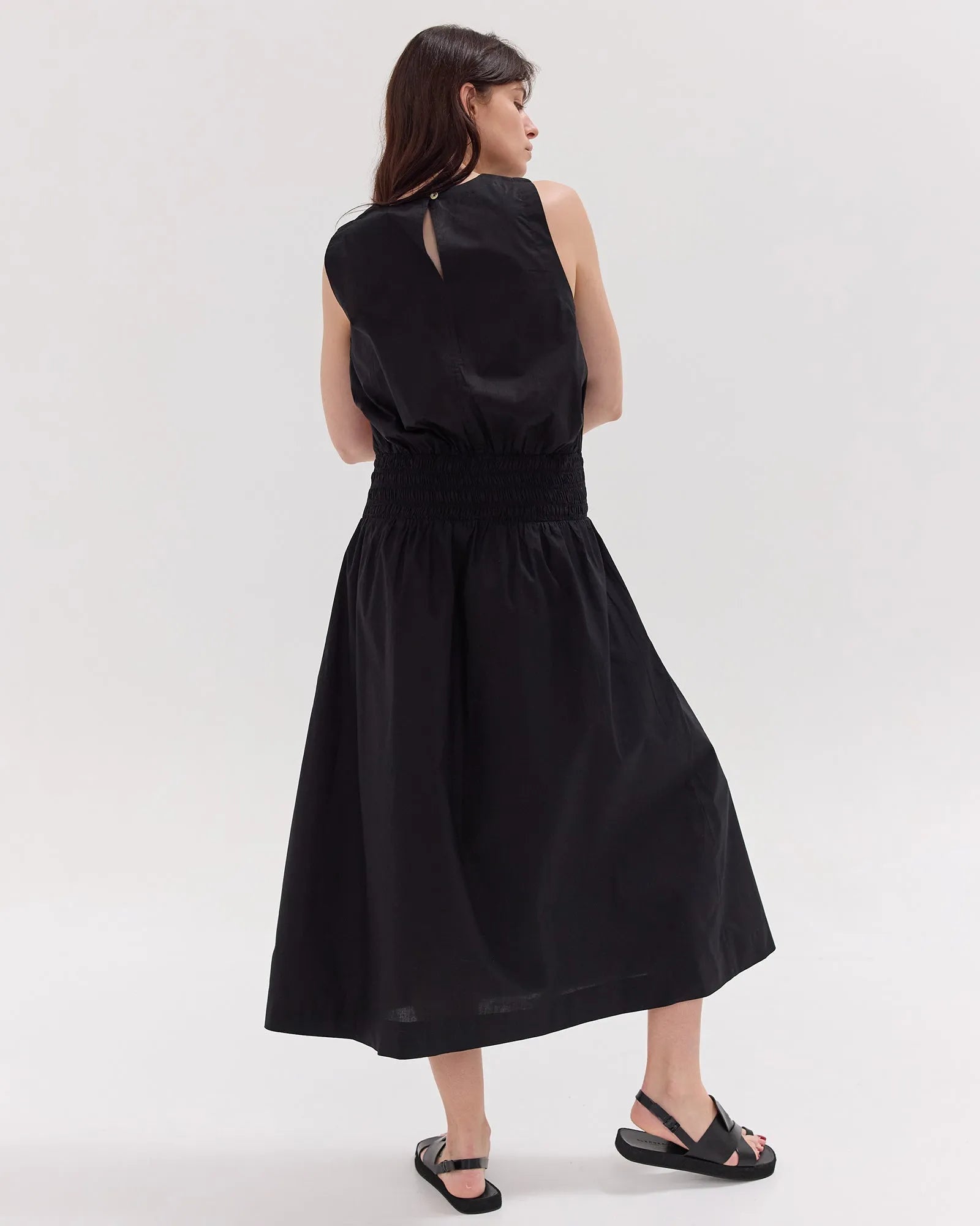 The Sleeveless Shirred Midi Dress | Black by Cloth & Co.