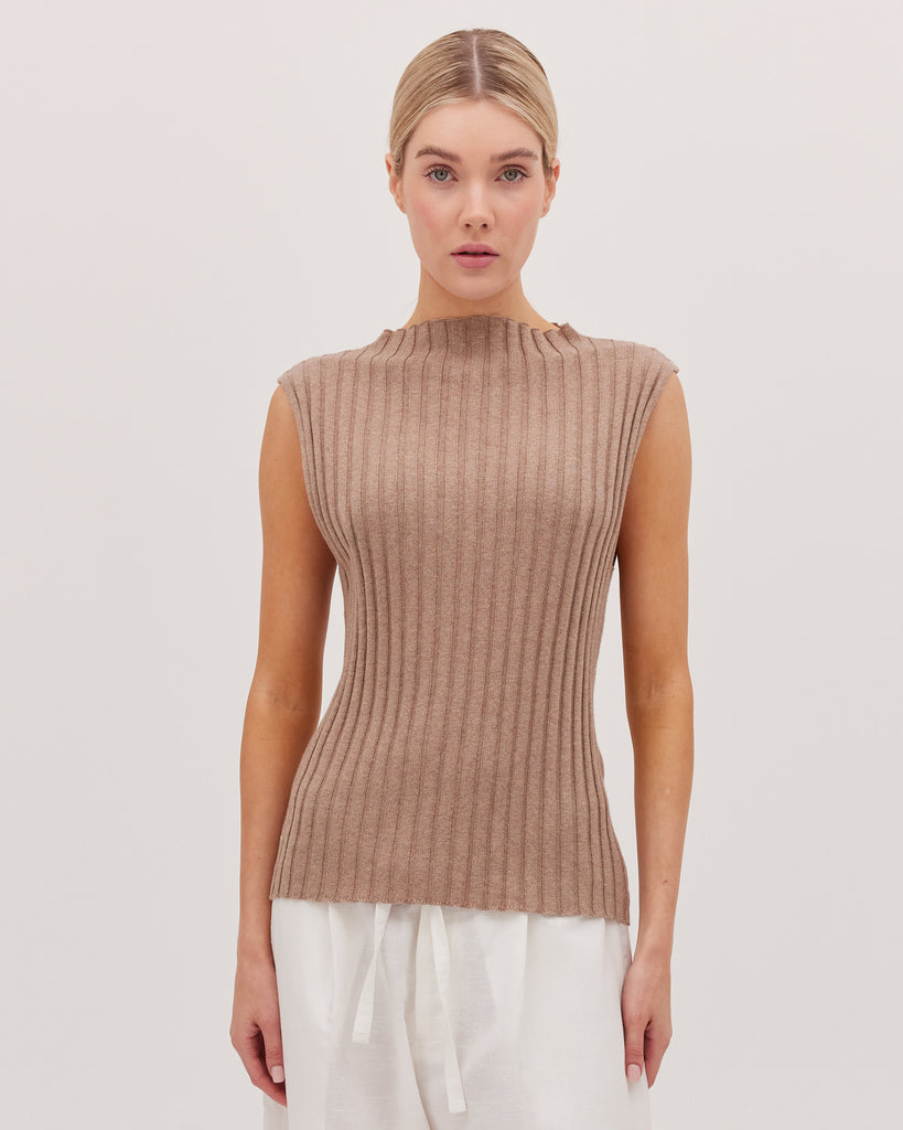 The Ribbed Funnel Neck Tank | Walnut