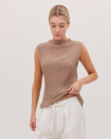 The Ribbed Funnel Neck Tank | Walnut