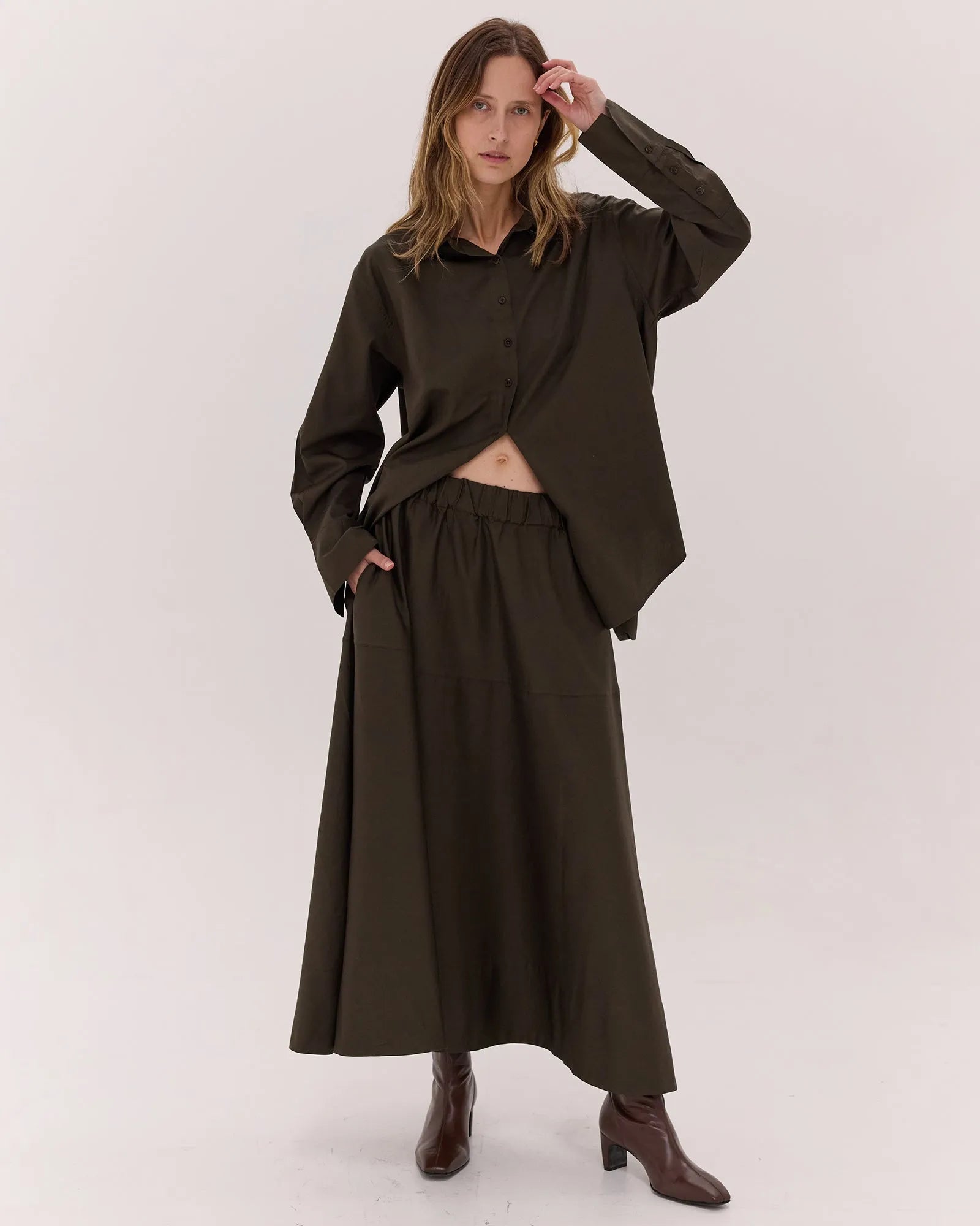 The Dark Olive Skirt Set by Cloth & Co. 