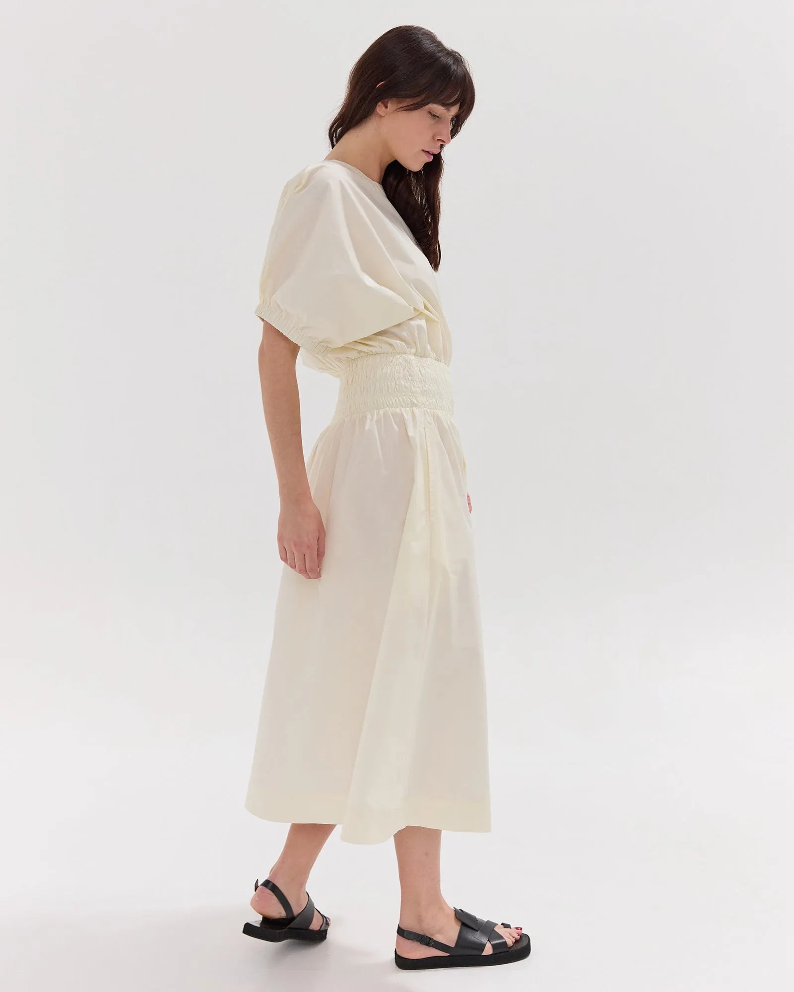 The Gathered Sleeve Shirred Midi Dress | Panna Cotta by Cloth & Co. 