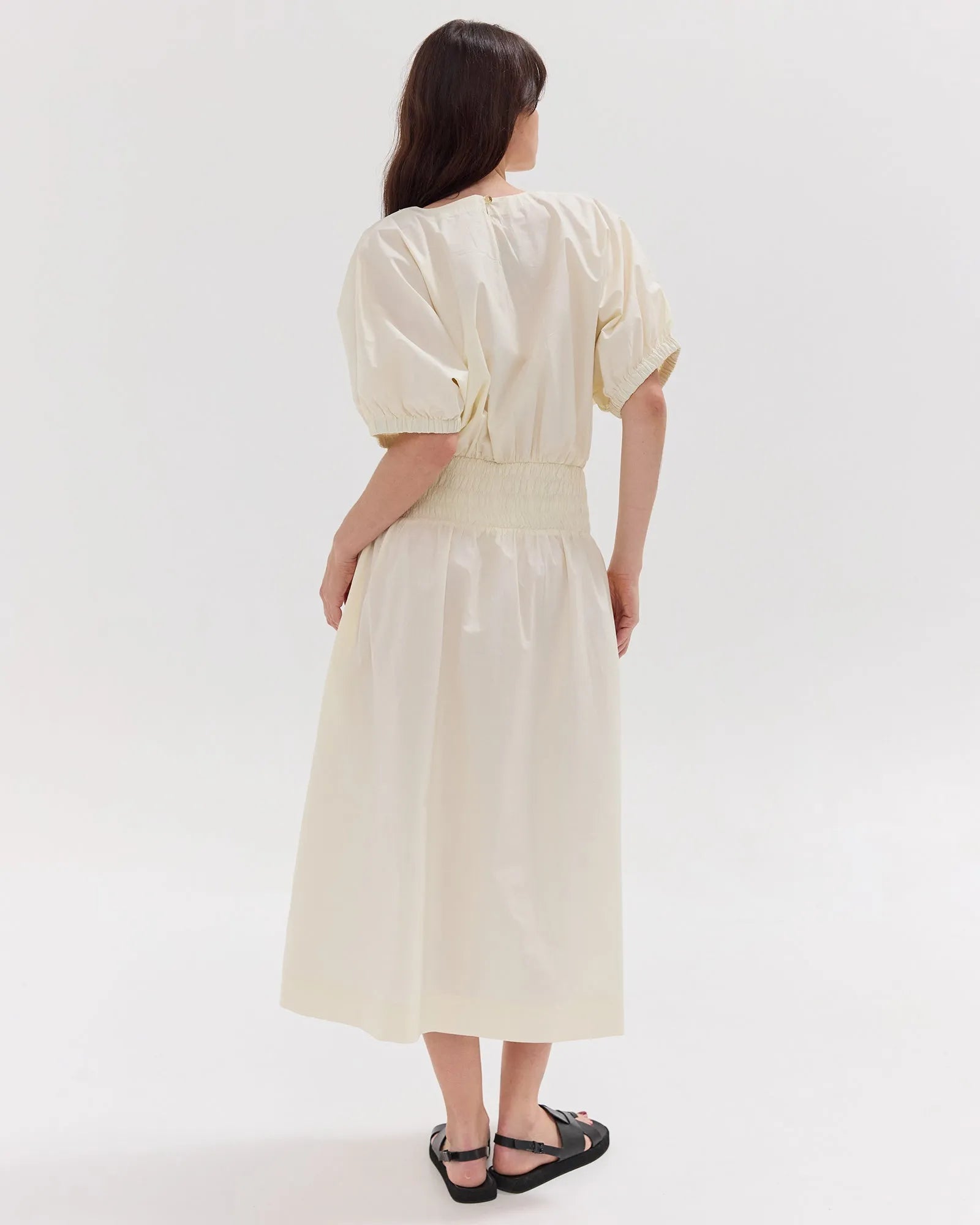 The Gathered Sleeve Shirred Midi Dress | Panna Cotta by Cloth & Co. 