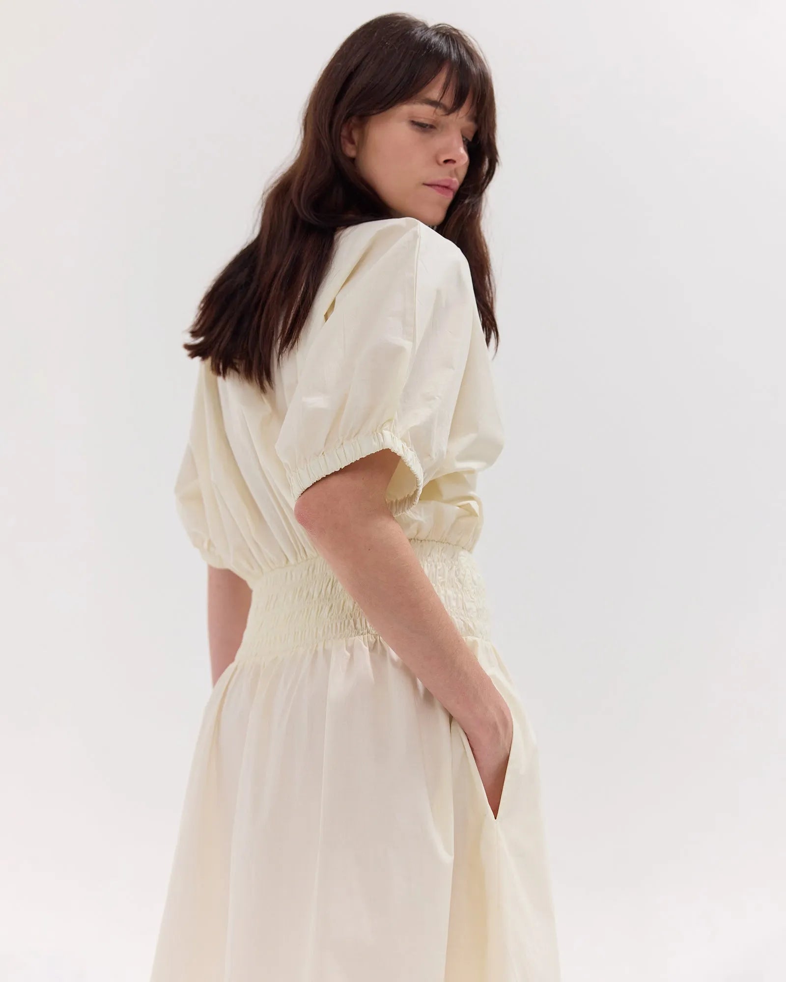 The Gathered Sleeve Shirred Midi Dress | Panna Cotta by Cloth & Co. 