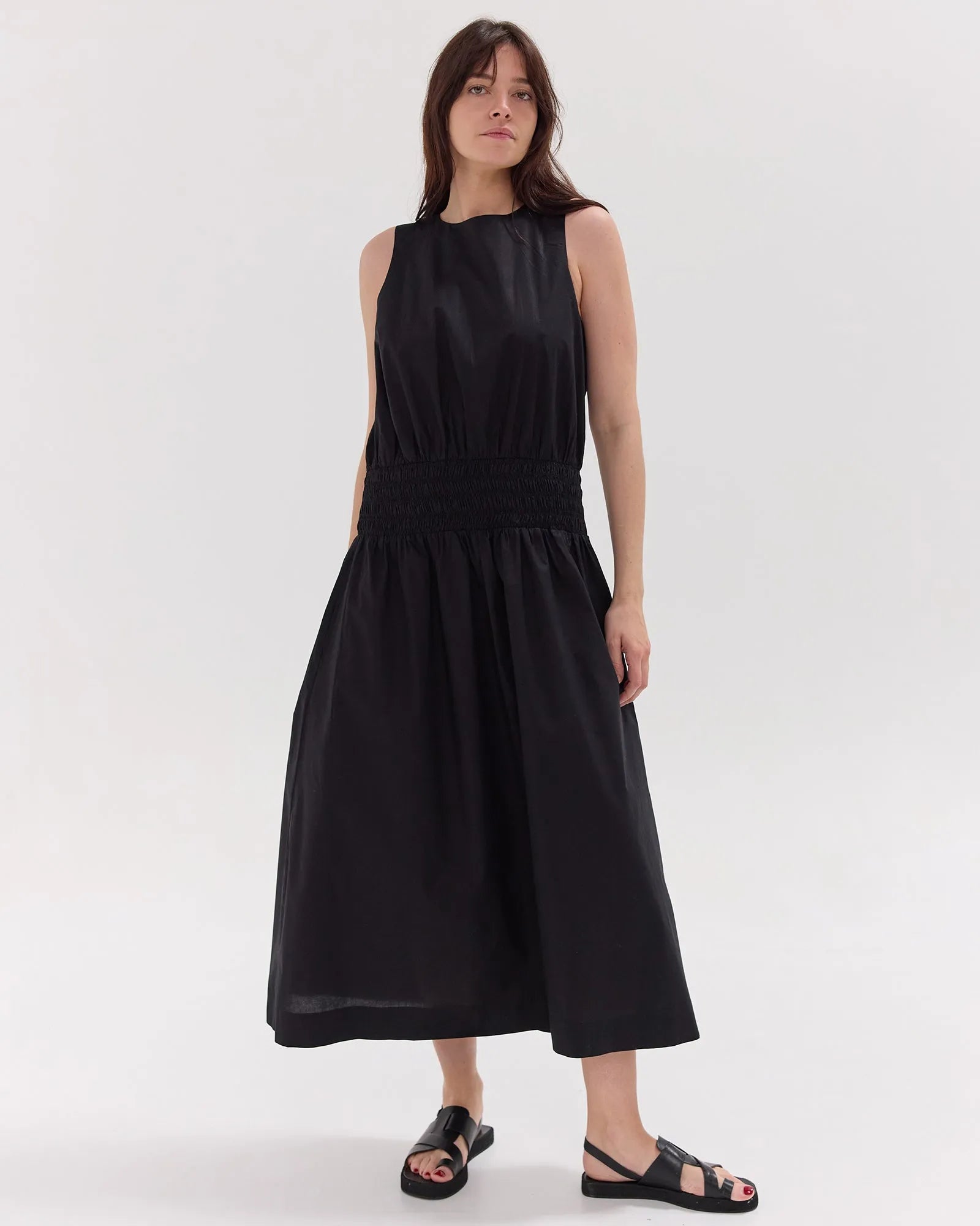 The Sleeveless Shirred Midi Dress | Black by Cloth & Co. 