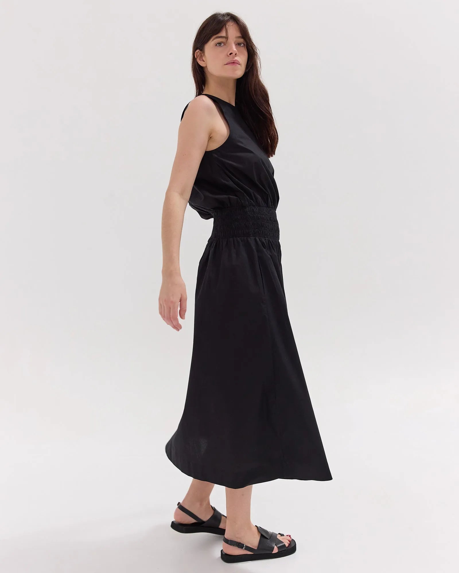 The Sleeveless Shirred Midi Dress | Black by Cloth & Co. 