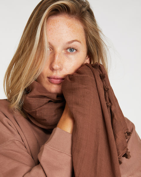 The Pom Pom Scarf Cacao, Silk & Cotton Blend Scarves, Sustainable & Ethically Made Accessories, Made For Good, Cloth & Co. 