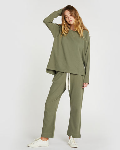 The Waffle Pants Dusty Olive, 100% Certified Organic Cotton, Sustainable & Ethically Made Loungewear & Pants, Made For Good, Cloth & Co.