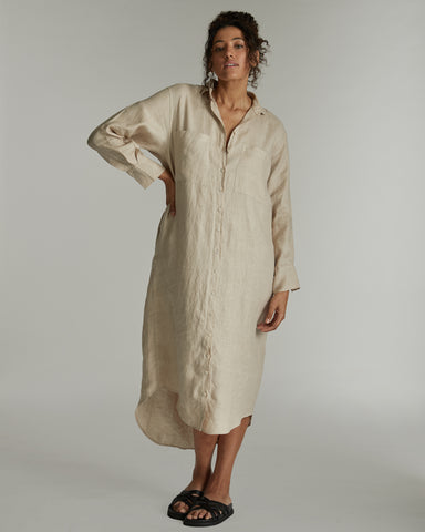 The Hemp Long Shirt Dress Walnut Hull, 100% Woven Hemp, Sustainable & Ethically Made Dresses, Made For Good, Cloth & Co.